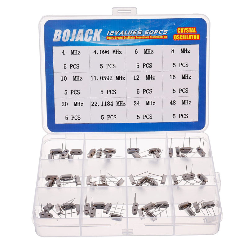 BOJACK 12 Values 60pcs Quartz Crystal Oscillator 4MHz, 4.096MHz, 6MHz, 8MHz, 10MHz, 11.0592MHz, 12MHz, 16MHz, 20MHz, 22.1184MHz, 24MHz, 48MHz Crystal Resonators Assortment Kit