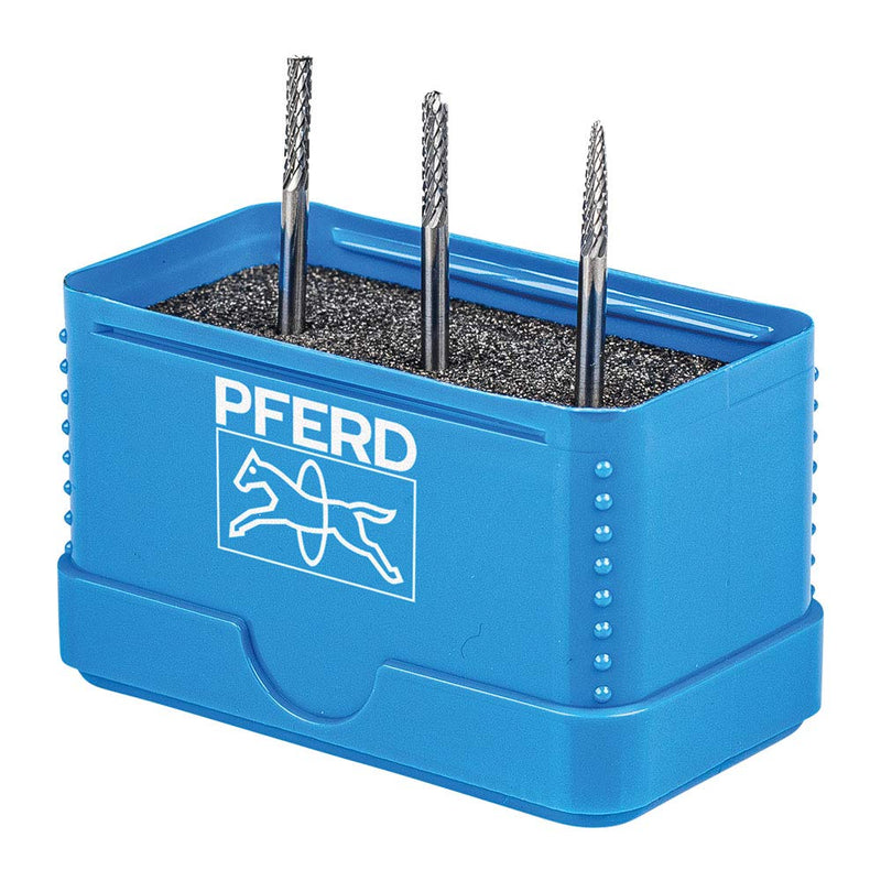 PFERD HM burr set, 3 pieces, cut 3 PLUS, shaft ø 3mm, burr ø 3mm, 21901504 - for universal applications on the most important industrially used materials