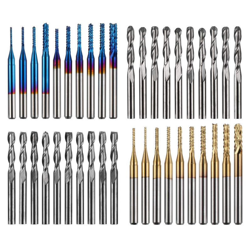 Genmitsu end mill set with a total of 40 CNC router bits, 3.175mm (1/8") shank, CNC milling cutter set with 2-groove flat and ball nose milling cutters, Nano Blue coating & titanium coating, MC40A MC40A (40PCS)