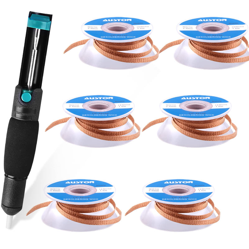 SIQUK 7 piece desoldering pump and solder wick kit with 1 piece desoldering pump and 6 pieces solder wick for removing solder wicks