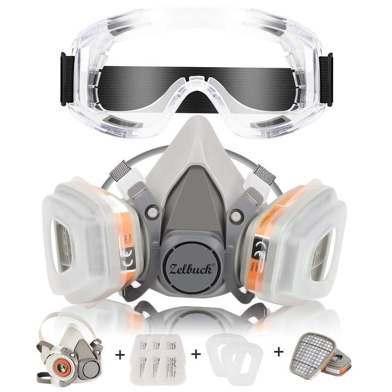 Zelbuck Professional Reusable Half Face Cover with Goggles - Equipped with 2 filters and 6 filter cotton for craftsmen, DIY enthusiasts, paint spraying and pesticide etc
