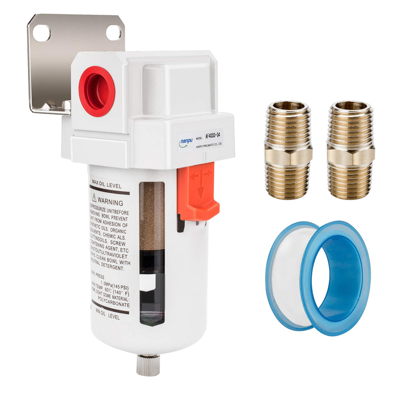 NANPU 1/2" BSP Compressed Air Filter, 5μm Brass Element, Metal Bracket, Poly Bowl, 10 Bar 1/2" BSPP
