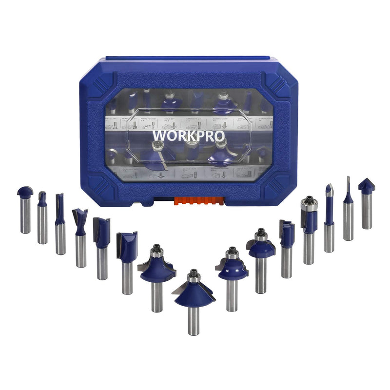 WORKPRO 15 pcs. Milling cutter set, shaft 8mm, router accessories for wood with storage case