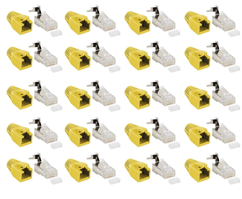 Faconet Pack of 20 RJ45 network plugs CAT 7A CAT 6A CAT7 yellow up to 10 Gigabit crimp plug modular plug connector kink protection case installation cable network LAN cat7 cat8.1 AWG23 insertion aid