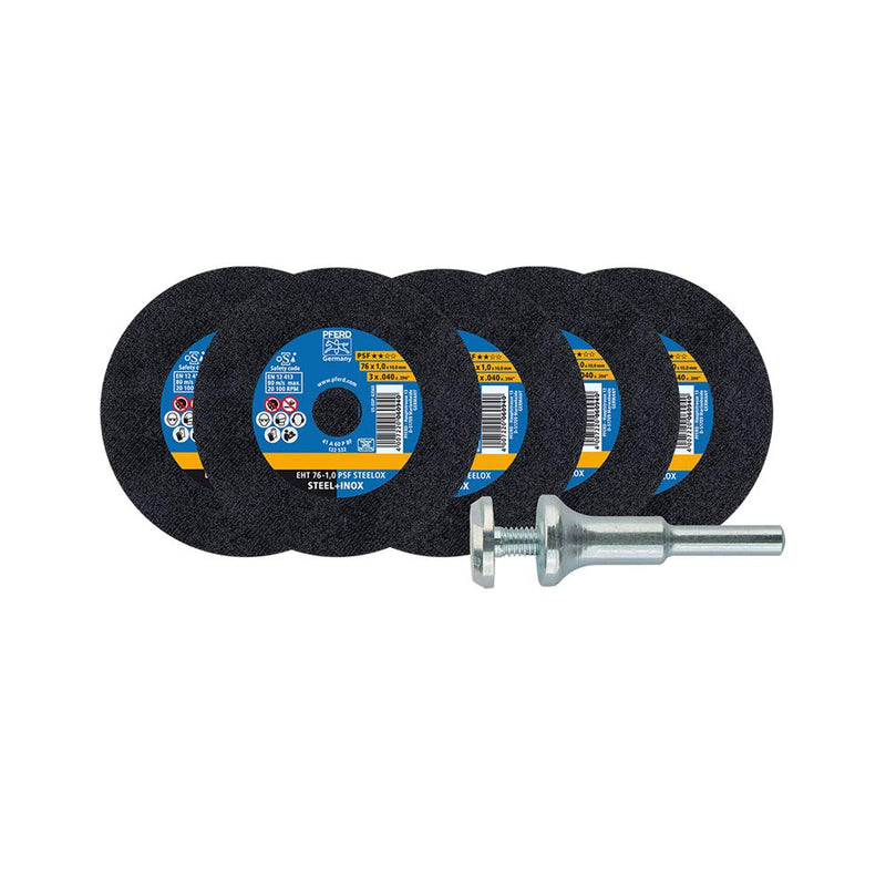 PFERD starter kit 6 pieces | 5x straight cutting disc PSF STEELOX, 76 x 1.0 x 10.0 mm + tool holder for straight grinders | 69198288 – for steel and stainless steel (INOX) PFERD starter kit 6 pieces