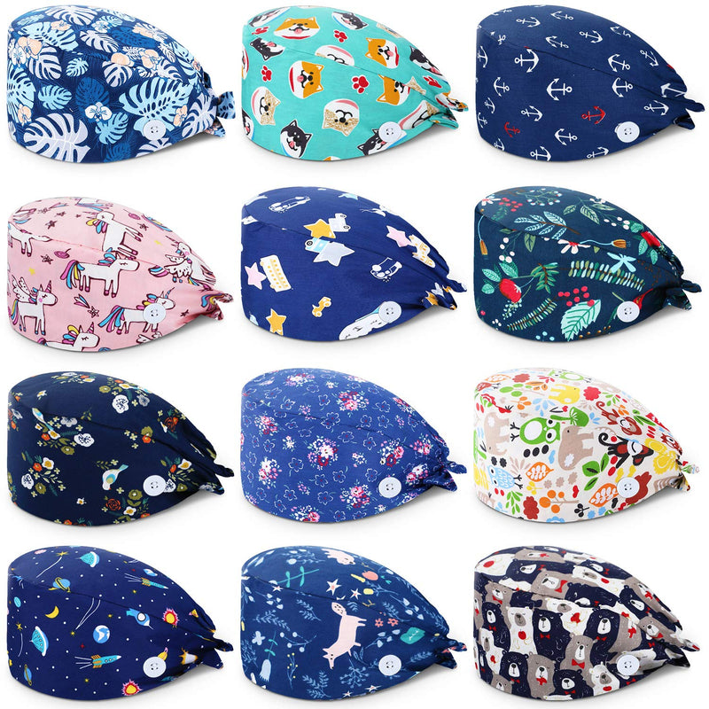 12 pieces unisex full cap with buttons, colorful printed tie-back cap with sweatband for women and men