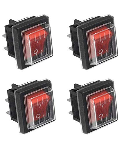 JINXIAN Pack of 4 basic switches, rocker switches, AC 250V 16A 125V 20A toggle switch red luminous with waterproof cover, widely used for various types of electrical black