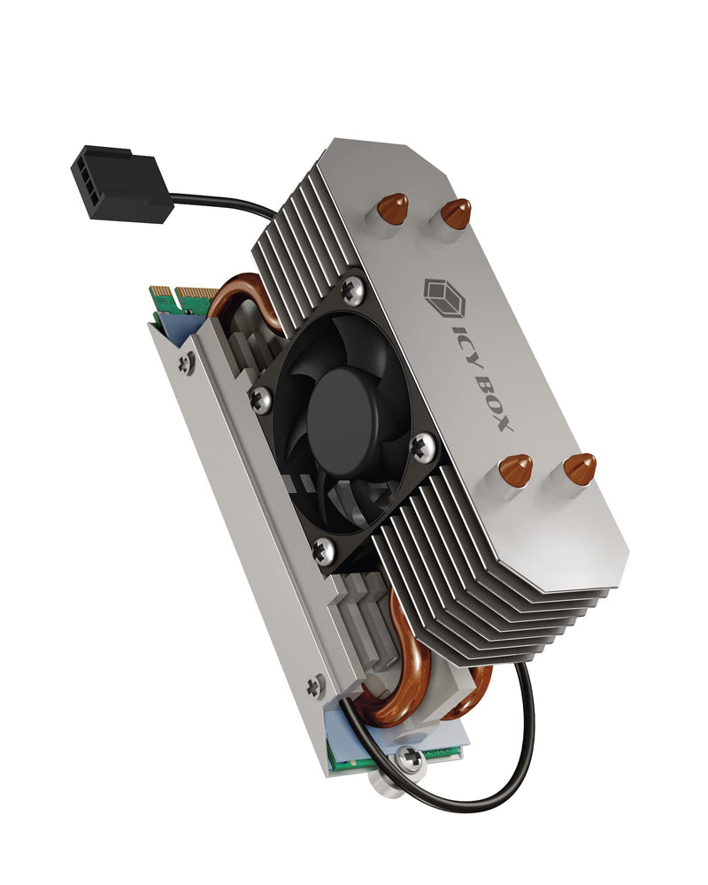 ICY BOX M.2 cooler with fan and heat pipe heatsink for M.2 NVMe & SATA SSD up to 2280, 30 mm fan active, thermal pad included With fan (tower)