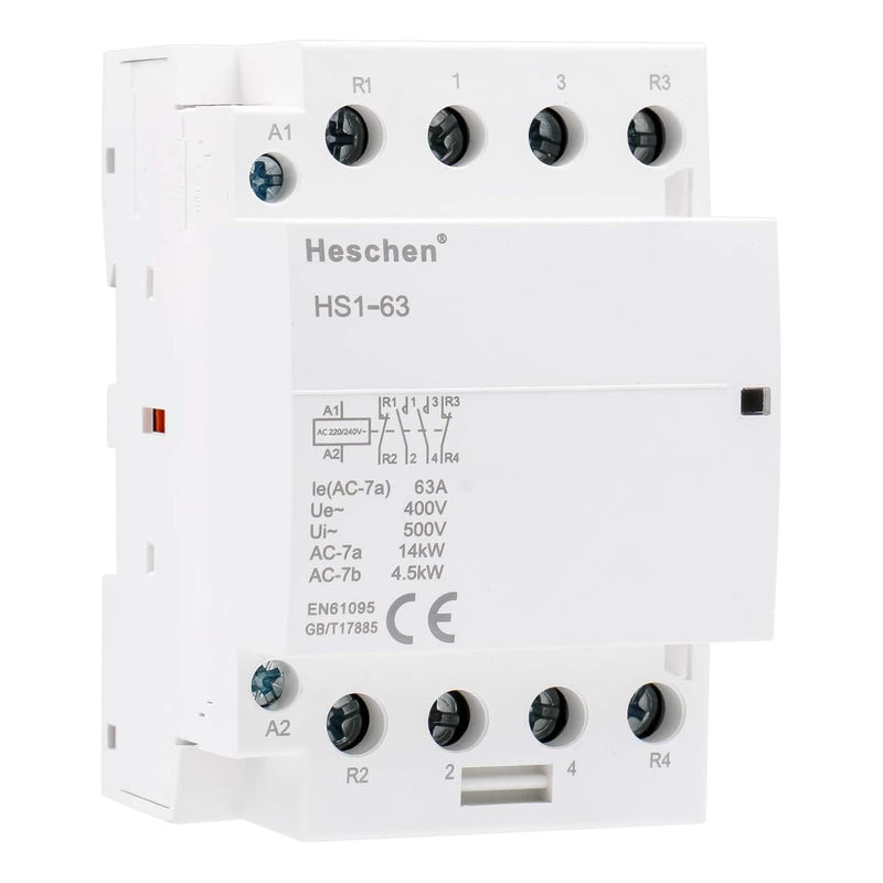 Heschen Household AC Contactor HS1-63 4 Pin 2NO 2NC AC 220V/240V Coil Voltage 35mm DIN Rail Mount