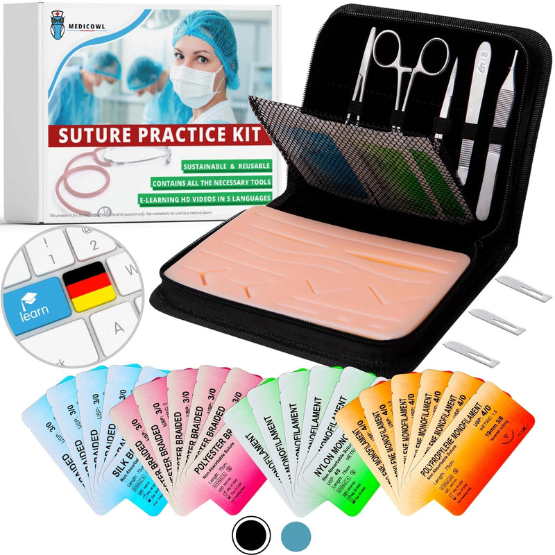 Seam training set | Suturing training + wound suturing video course in German | 33 pieces in a compartment case | Silicone seam simulator || Wound suturing practice set | Ideal Gift for Medical Students (Black) Black
