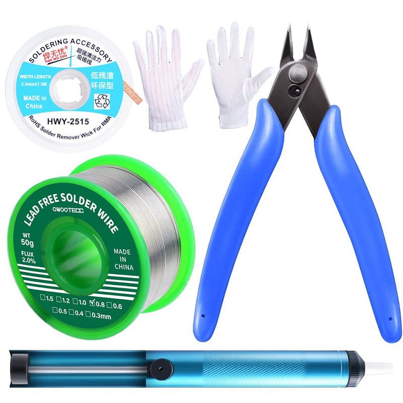 Owootecc Lead Free Solder with Rosin Core, Desoldering Pump, Desoldering Wick, Micro Shearing Wire Cutter Pliers, Anti-Static Gloves (Pair), Solder Removal Tool Set, Soldering Iron Holder, Accessory Kit
