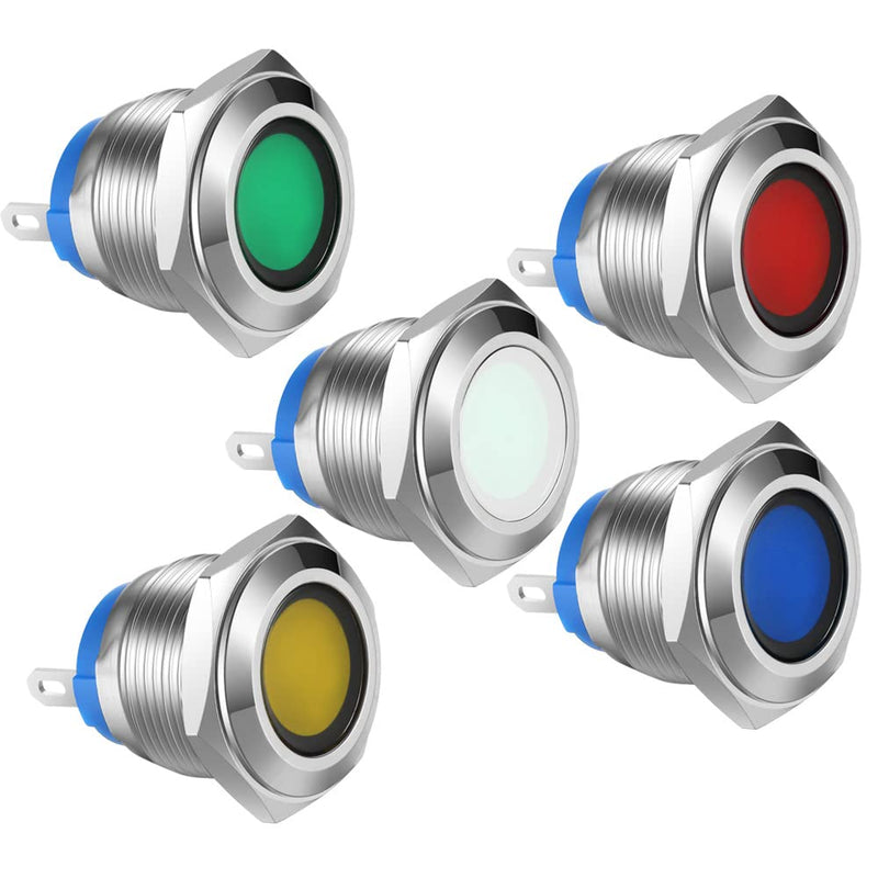 Gebildet 5pcs 16mm 12V-24VDC Nickel Plated Copper Waterproof LED Indicator Light and in 5 Colors Red/Orange/Blue/Green/White Multicolor