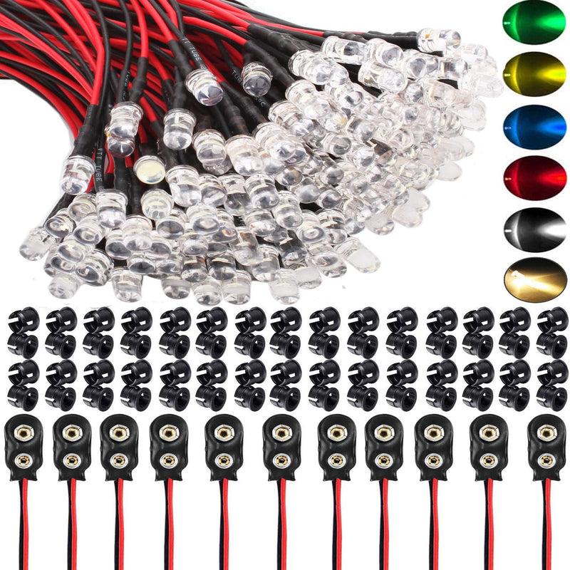 RUNCCI-YUN 60pcs DC 12V pre-wired light, 5mm LEDs with 20cm cable, pre-wired LED diodes light white warm white red blue green yellow + 60pcs 5mm plastic LED mounting rings + 9V battery connection 5mm & warm white white red blue green yellow