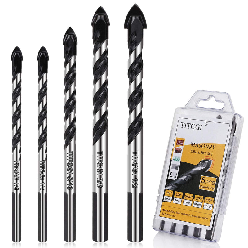 TITGGI Professional Tile and Glass Drill Bit Set, 5 Pieces, for Drilling Tiles, Glass, Ceramic, Porcelain, Wood, Mirrors and Masonry, 6–12 mm | For Tiles, Ceramics, Glass, Cement & Brick, Carbide Tip, Double U Groove, 3 Face Shank, Bathroom & Kitchen, ...