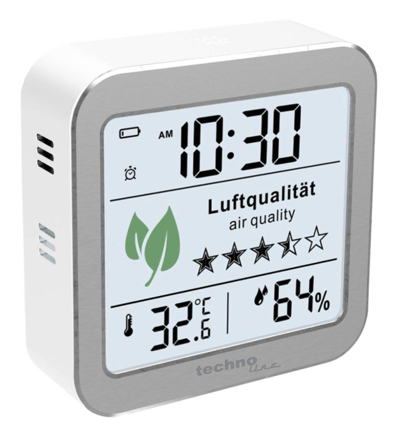 technoline WL1020 air quality monitor for monitoring indoor air quality, successor to the WL1005, temperature display, humidity display, alarm for poor air quality, silver, white single
