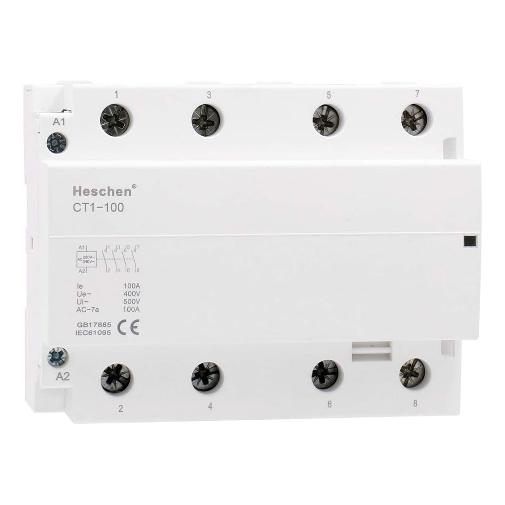 Heschen household AC contactor CT1-100 4 pin four normally open, AC 220V/240V coil voltage, 35mm DIN rail mounting