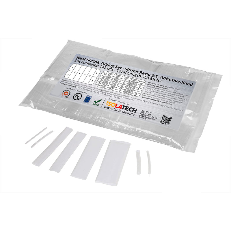 142 pieces 3:1 with adhesive transparent shrink tube assortment unlabelled. Set total length of 8.3m in plastic bag. Hot glue layer on the inside waterproof ISOLATECH