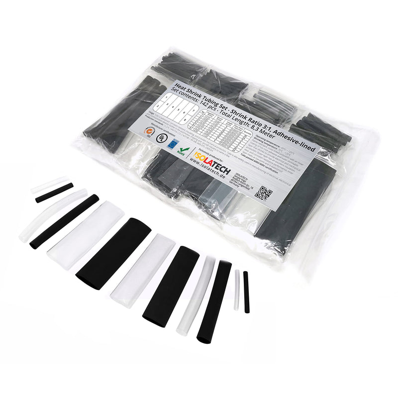 142 pieces 3:1 with adhesive transparent-black shrink tube assortment unlabelled. Set total length of 8.3m in plastic bag. Hot glue layer on the inside waterproof ISOLATECH