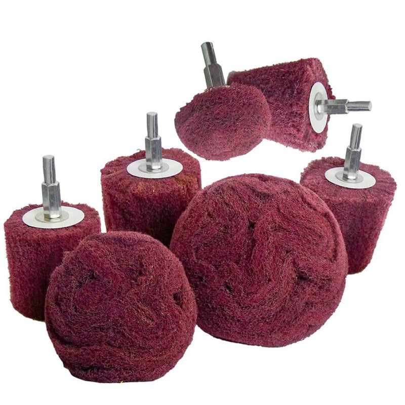 Grinding Head for Polishing Brush Shaped Scouring Pad - 7 Piece Red Fleece Grinding Drill Bit Set with 1/4" Handle for Manifold/Aluminum/Stainless Steel/Chrome etc.