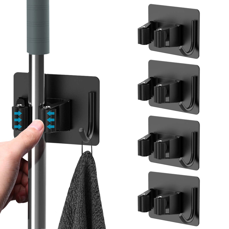 Homeasy Wall Broom Holder 4 Pieces Stainless Steel No Drilling Black | 4 self-adhesive holders for brooms and mops on smooth walls without drilling.