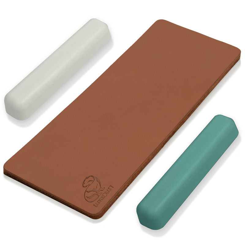 BeaverCraft Leather Strop Set for Knife Sharpening Knife Strop Block 20 x 7.5 cm Leather Strop Set with Green/Grey and White Polishing Paste Knife Sharpener and Polishing Pastes