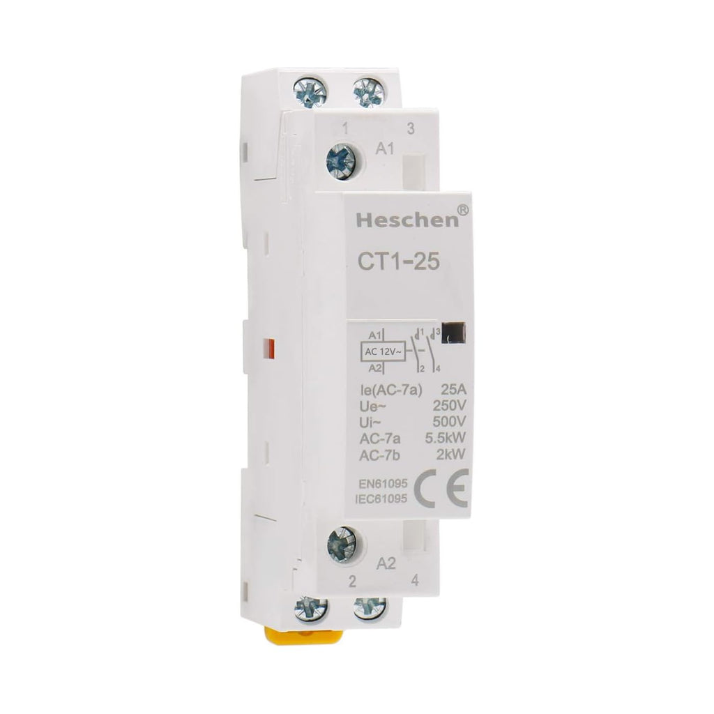 Heschen household AC contactor, CT1-25, Ie 25A, 2 pole two normally open, AC 12V coil voltage, 35mm DIN rail mounting