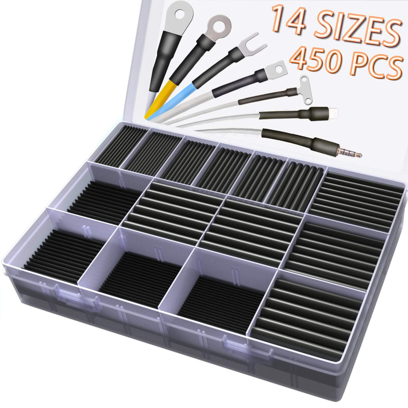 450-Piece Heat Shrink Tube Set - 2:1, 14 Sizes, Black, Electrical Industrial Heat Shrink Tubing Assortment for Wire Repairs, Soldering, Automotive Wiring 2 | Black Set
