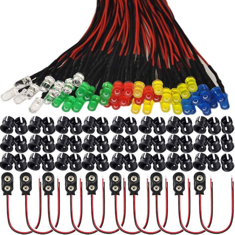 RUNCCI-YUN 50PCS 5 mm LEDs, 12V pre-wired light, pre-wired LED, diode light, 20cm pre-wired light red yellow green blue white + 50 pieces 5 mm LED mounting rings + 9 V battery connection