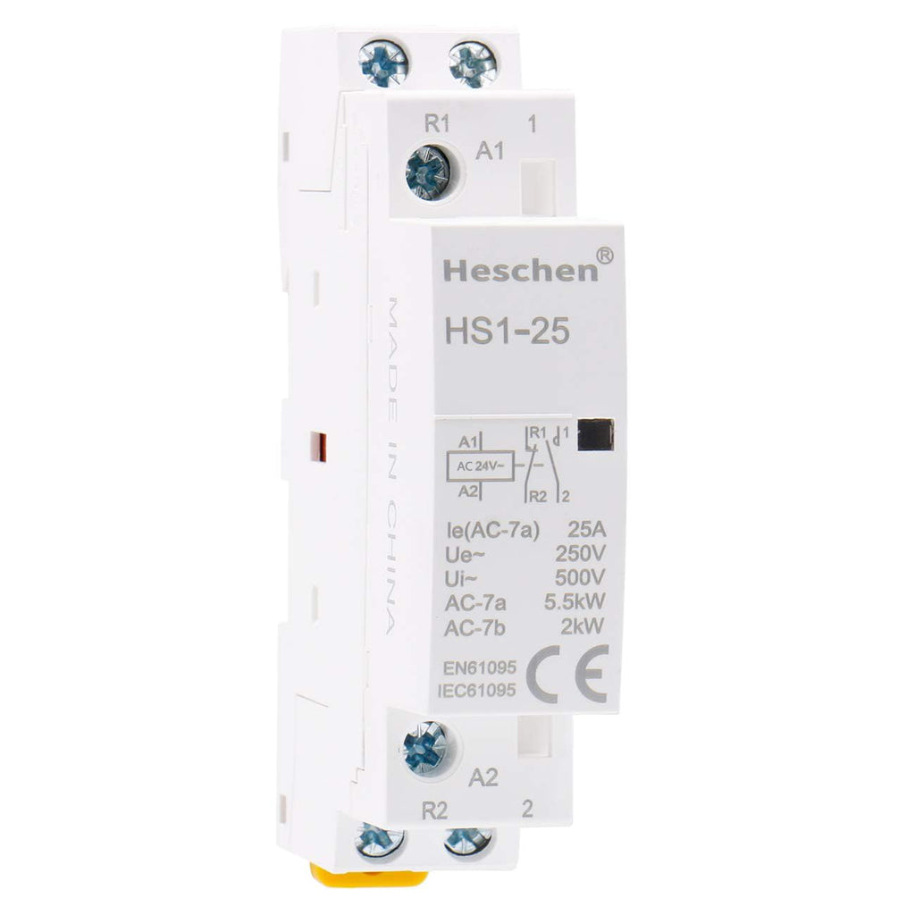 Heschen Household AC Contactor, HS1-25, Ie 25A, 2 Pin 1NO 1NC, AC 24V Coil Voltage, 35mm DIN Rail Mounting