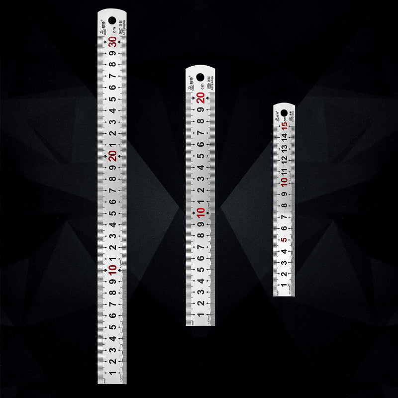 TONAUP Pack of 3 stainless steel rulers, steel ruler, double side scale, edge measuring tool, including 15 cm / 20 cm / 30 cm for engineering, teaching, office silver