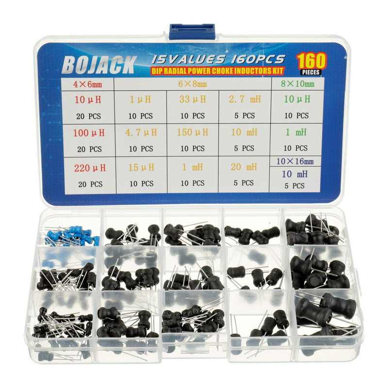 BOJACK 15 Values 160 Pieces Inductance 10 uH to 20 mH DIP Radial Power Choke Inductors Assortment