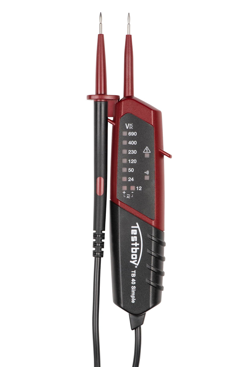 Testboy 40 Simple two-pole voltage tester with LED display for direct and alternating voltage (continuity test, one-handed operation, voltage range 12 - 690 V AC/DC, display with 10 LEDs), black/red up to 690 V with continuity test
