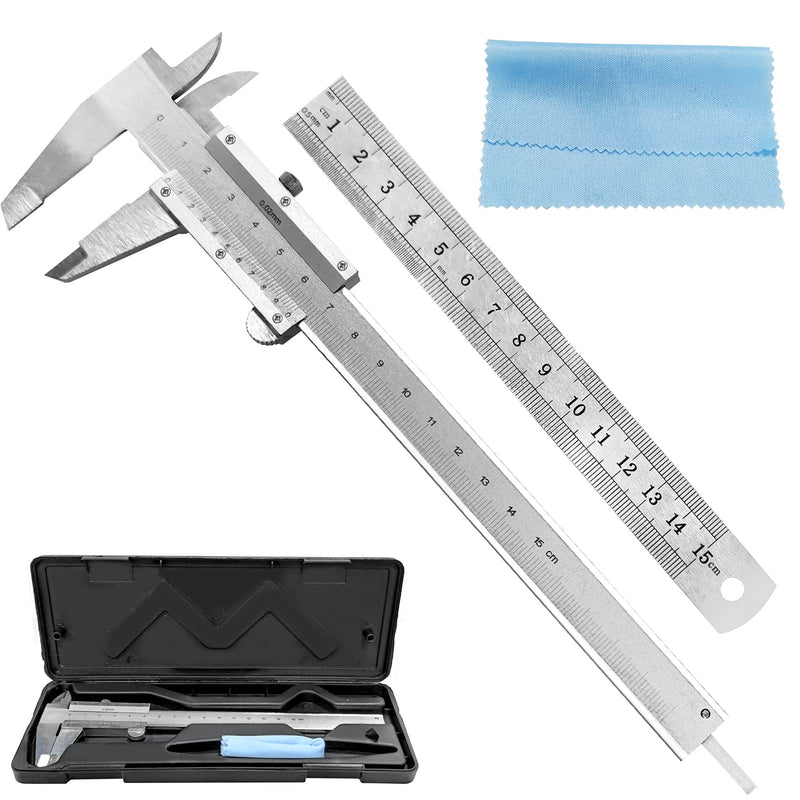 150 mm vernier caliper, stainless steel caliper, precision caliper with locking screw, vernier caliper, caliper caliper with steel ruler, cleaning cloth A