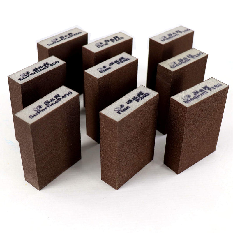 S&R sanding sponge set 9 pieces, 100 x 70 x 25 mm, sanding blocks, hand sander, 3 grits, medium 3X P180, fine 3X P240, super fine 3X P400 for grinding, polishing metal, wood, steel, stainless steel