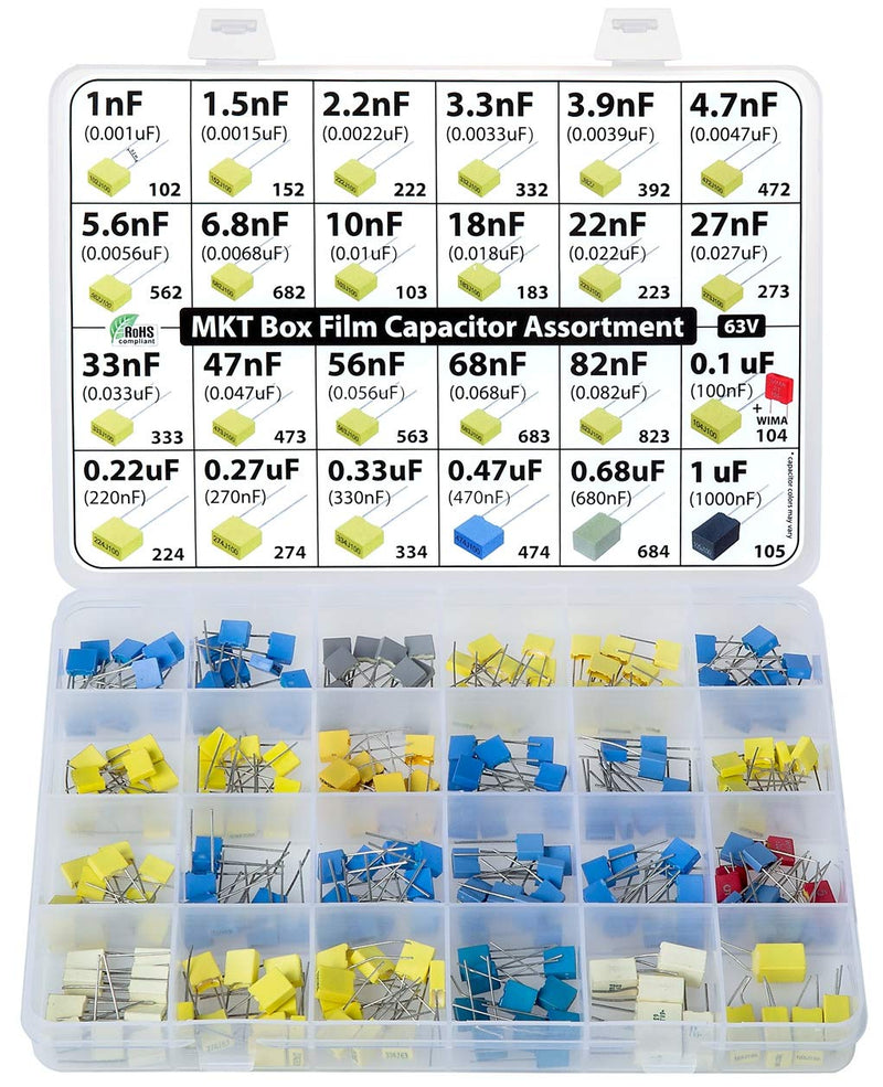 MKT polyester capacitor assortment box, 235 pieces film capacitor, 24 values, 63 volts, radial, 5mm, 1nF 0.01, 0.1 to 1uF