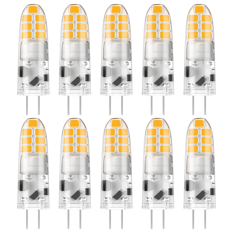 DiCUNO G4 LED warm white, 2W LED bulb replaces 20W halogen, G4 LED bulb 3000K, 200LM, 360°, no flickering, not dimmable, pin base lamp 12V AC/DC, under-cabinet lights, extractor hood, pack of 10 warm white 3000k