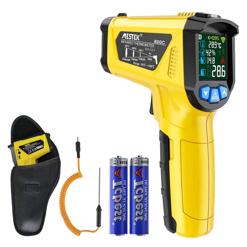 Infrared thermometer MESTEK temperature measuring device digital laser IR pyrometer K-probe -50°C ~ 800°C non-contact with color LCD alarm function adjustable emissivity for kitchen grill automotive
