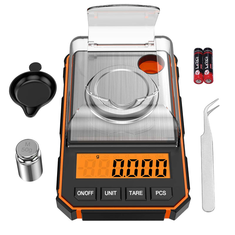 ORIA Digital Fine Scales 0.001g, Milligram Scales 50g / 0.001g, Precise Pocket Scales with LCD Display, Lab Digital Scales, Portable Mini Scales with Weighing Tray, Calibration Weights and Tweezers - Orange