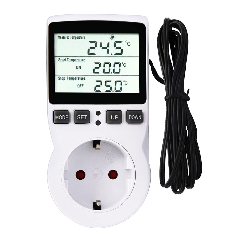 RUIZHI Digital Temperature Controller Sockets Heating Cooling Thermostat 250 V with Sensor Socket and Probe LCD Screen for Greenhouse, Aquarium, Terrarium, Reptiles (EU