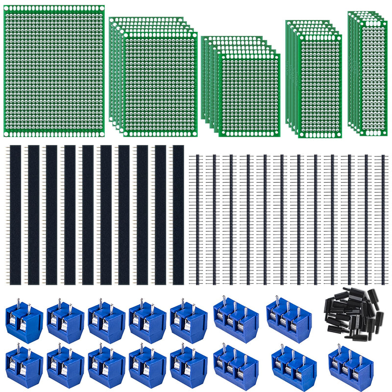 78 pieces hole grid plate kit, 21 double-sided PCB board circuit board hole grid board hole board, 22 pieces male female 40 pin header, 15 pieces 2P & 3P screw terminal with 20 tablets nylon column