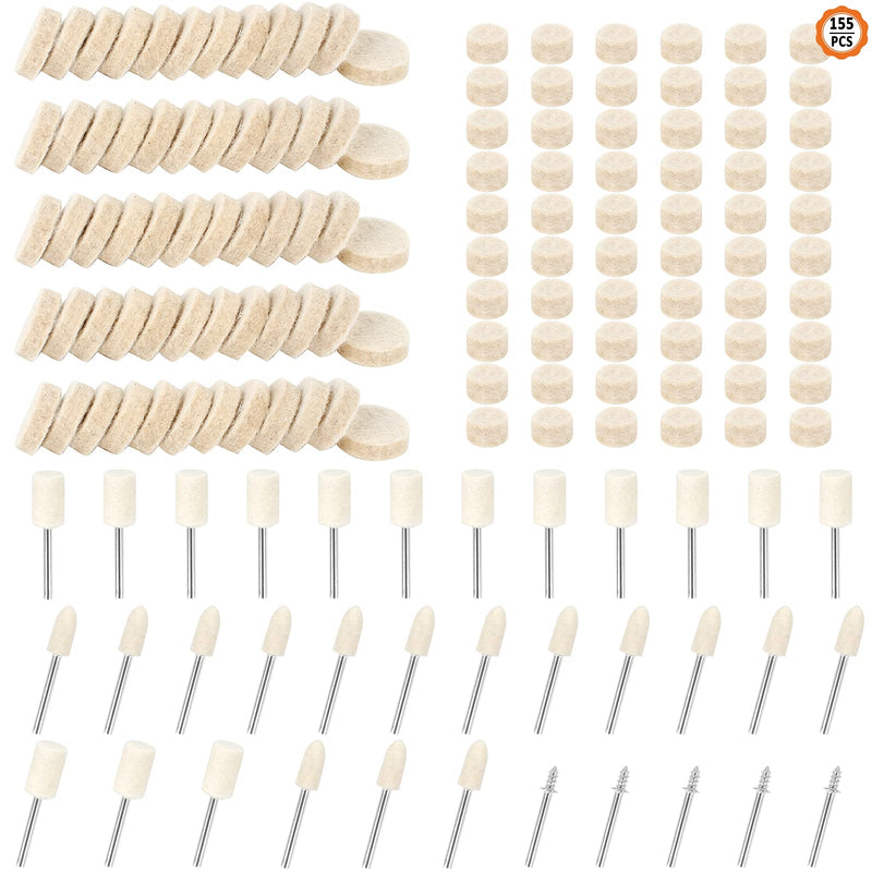 155 pieces wool felt polishing discs, polishing attachment set, polishing heads, polishing pad, 25/13/3 mm, rotary tool, accessories for wood, jewelry, drill, metal, aluminum, stainless steel, polishing, cleaning with handle