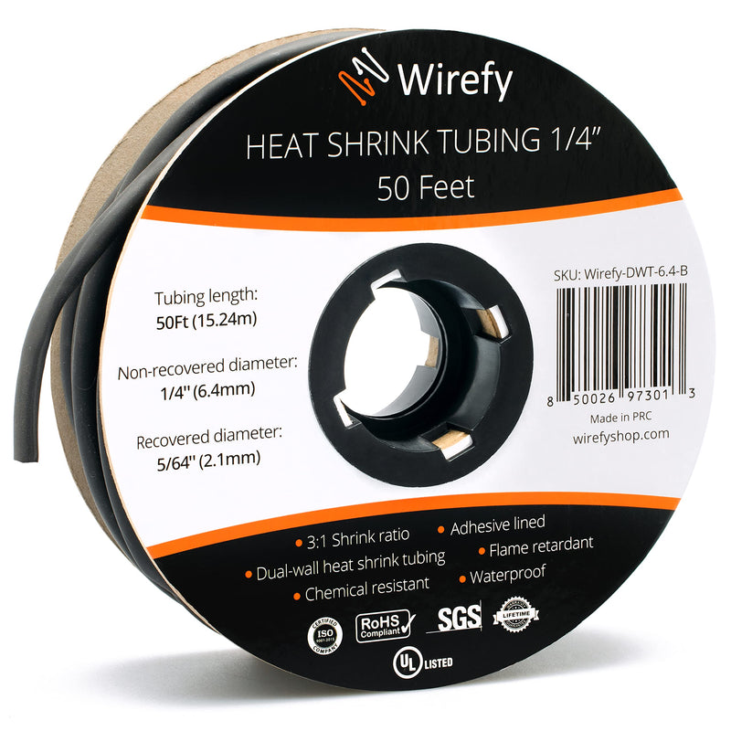 Wirefy Heat Shrink Tube Metrware with Adhesive 15 m - 3:1 Shrink Ratio, Double-Walled Heat Shrink Tube Waterproof - Heat Shrink Tube Set Black Diameter 6.4 mm 6.4 mm
