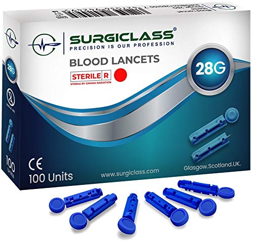 Sterile Blood Lancets Size 28G, Pack of 100, Compatible with SD CodeFree, Medisana, Easy Blood Sample Removal, eg for Diabetes Measurement in Blood Sugar SurgibldLT28G100