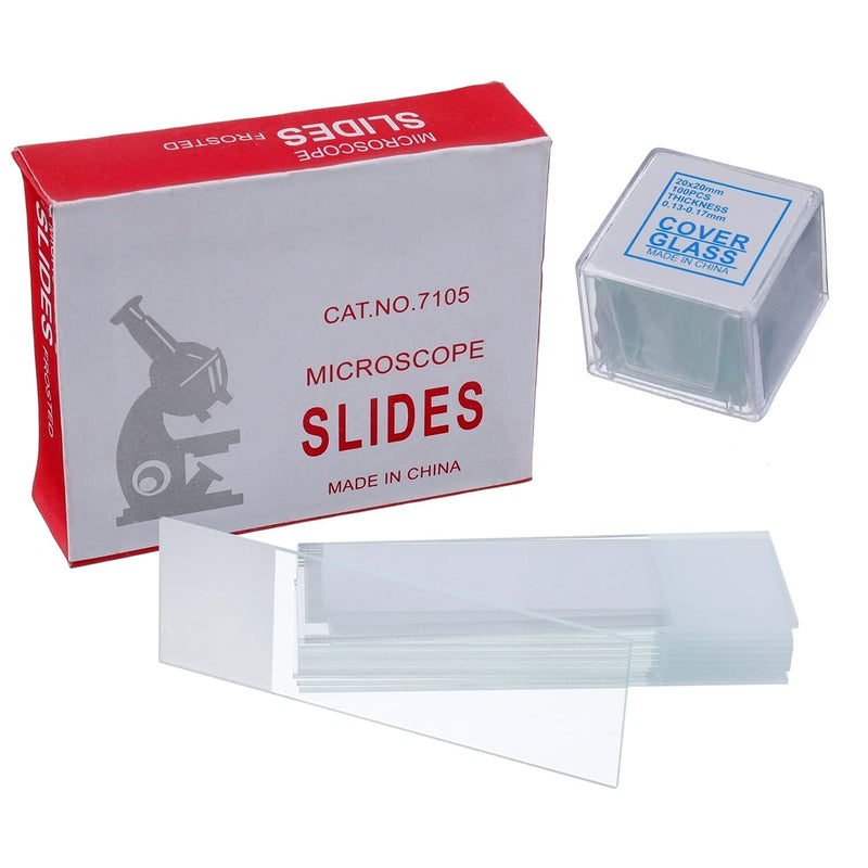 HUAREW 50 pieces pre-cleaned microscope slides and 100 pieces pre-cleaned microscope cover glasses with 4 plastic pipers.