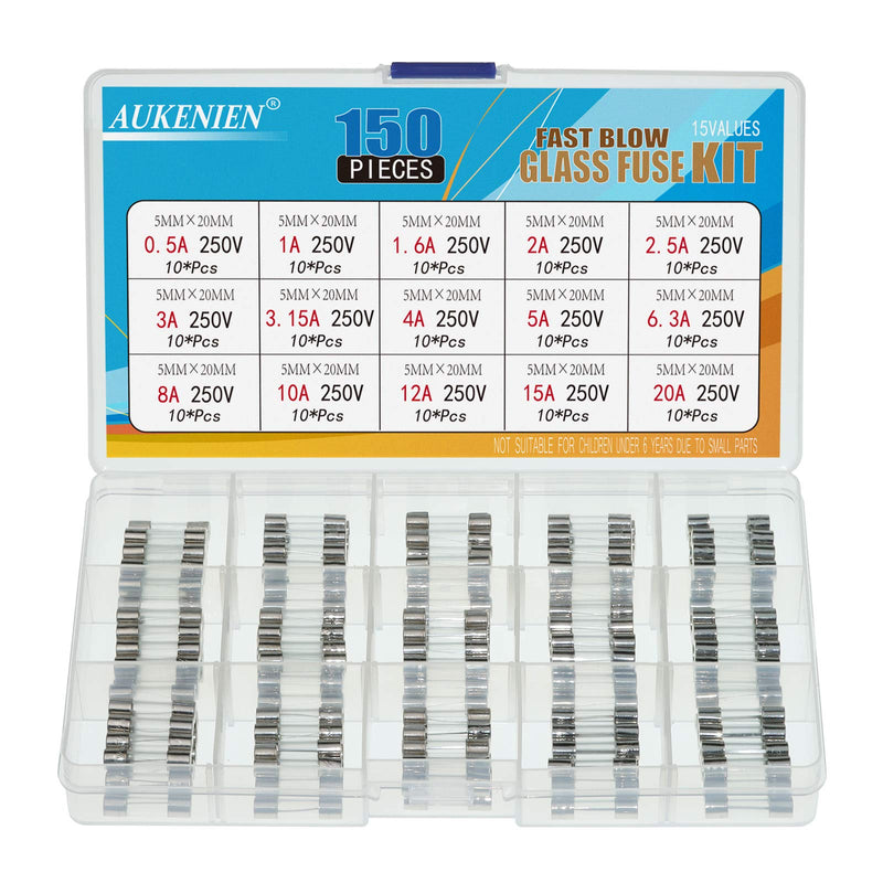 AUKENIEN 15 value 150 pieces 0.5A 1A 1.6A 2A 2.5A 3A 3.15A 4A 5A 6.3A 8A 10A 12A 15A 20A 250V fuses 5x20mm fuse glass fuse glass tube fuse fine fuse fast glass fuse kit 5x20 fuse "F"