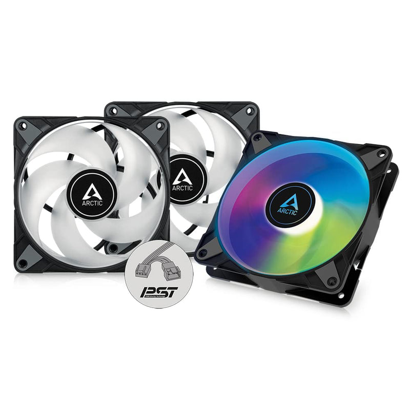 ARCTIC P12 PWM PST A-RGB (3 pieces) - 120 mm PWM case fan optimized for static pressure, case fan, semi-passive: 0-2000 rpm, 5V 3 pin ARGB LED - black 3 pieces