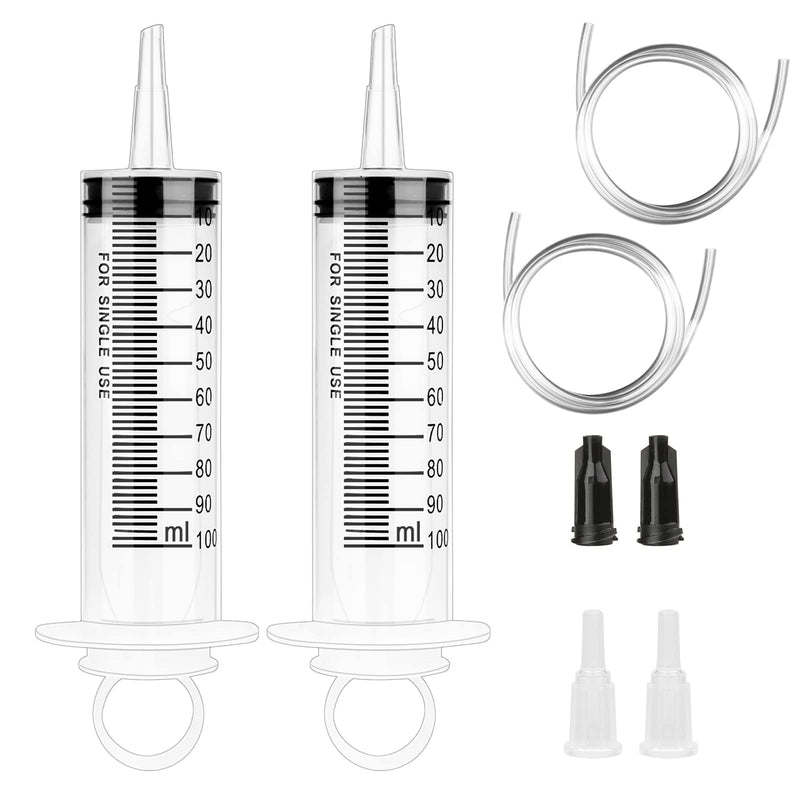 Pack of 2 syringes 100 ml plastic syringe with hose dosing syringe with adapter syringe for motor oil, garden, liquid, animal feeding (2 pieces 100 ml)
