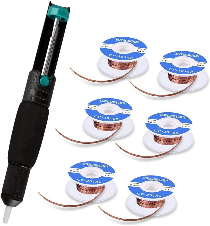 Desoldering pump set, 7 pieces desoldering pump and soldering wick kit for removing solder wicks, 1 desoldering pump & 6 desoldering braid solder wick (2.5 mm width, 1.5 m length)