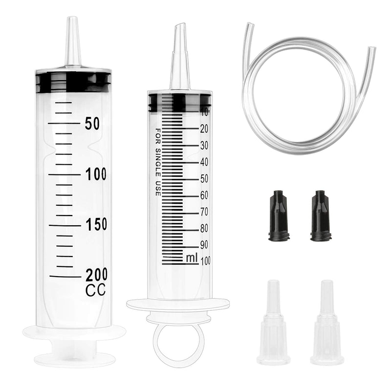 2 pieces syringe 100 + 200 ml syringe with tube, dosing syringe, oil syringe, plastic syringe for liquid transfer, syringes for experiments...