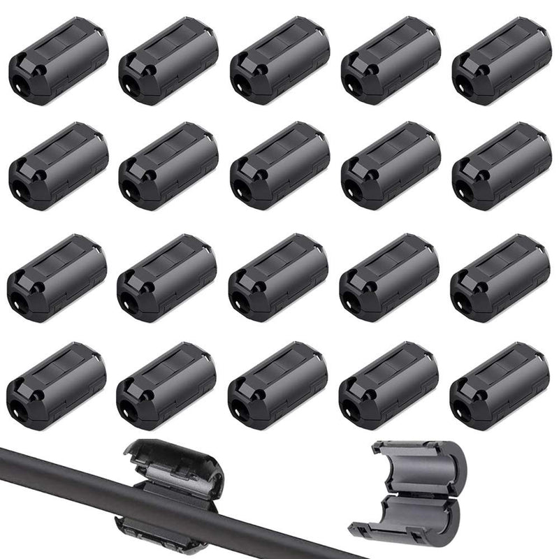 QitinDasen 20 pieces black ferrite ring core cable clip, ferrite ring core, RFI EMI noise reduction, EMI interference filter, ferrite filter, folding ferrite ferrite core cable clamp (5 mm diameter).